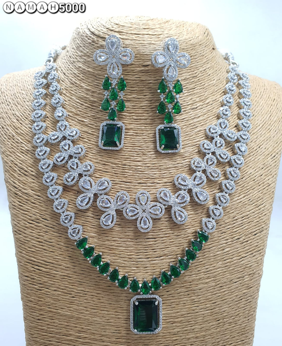Green American Diamond Necklace Set 