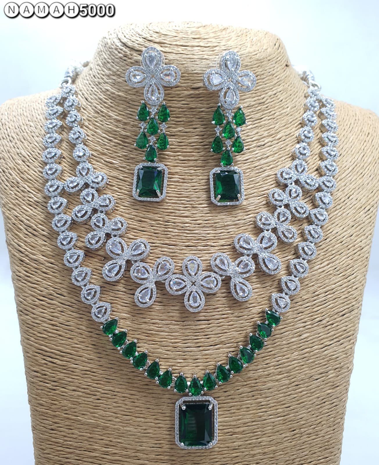 Green American Diamond Necklace Set 