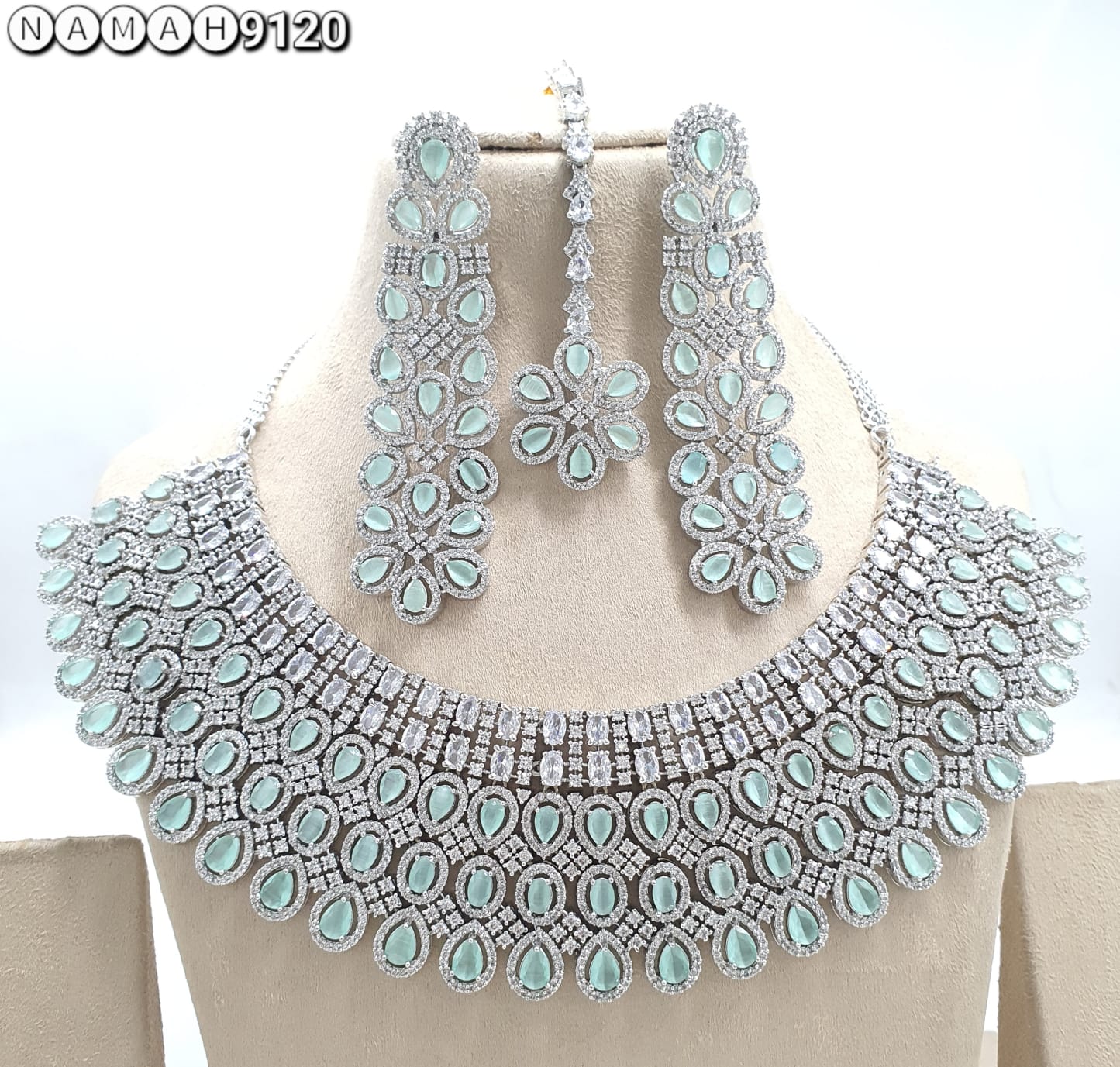 Mind Green American Diamond Necklace Set 