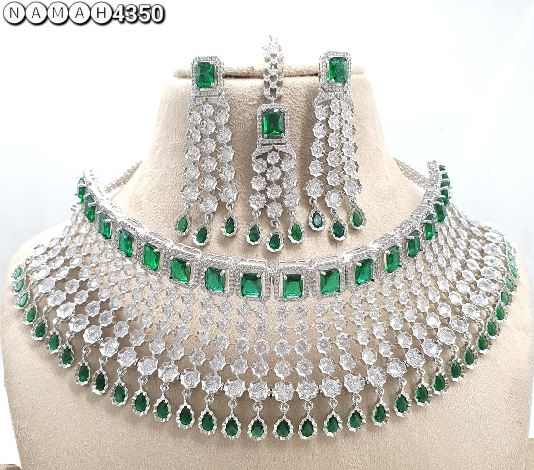 Green American Diamond Necklace Set 
