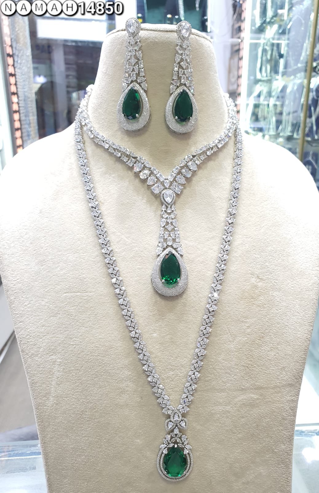 Green American Diamond Necklace Set 