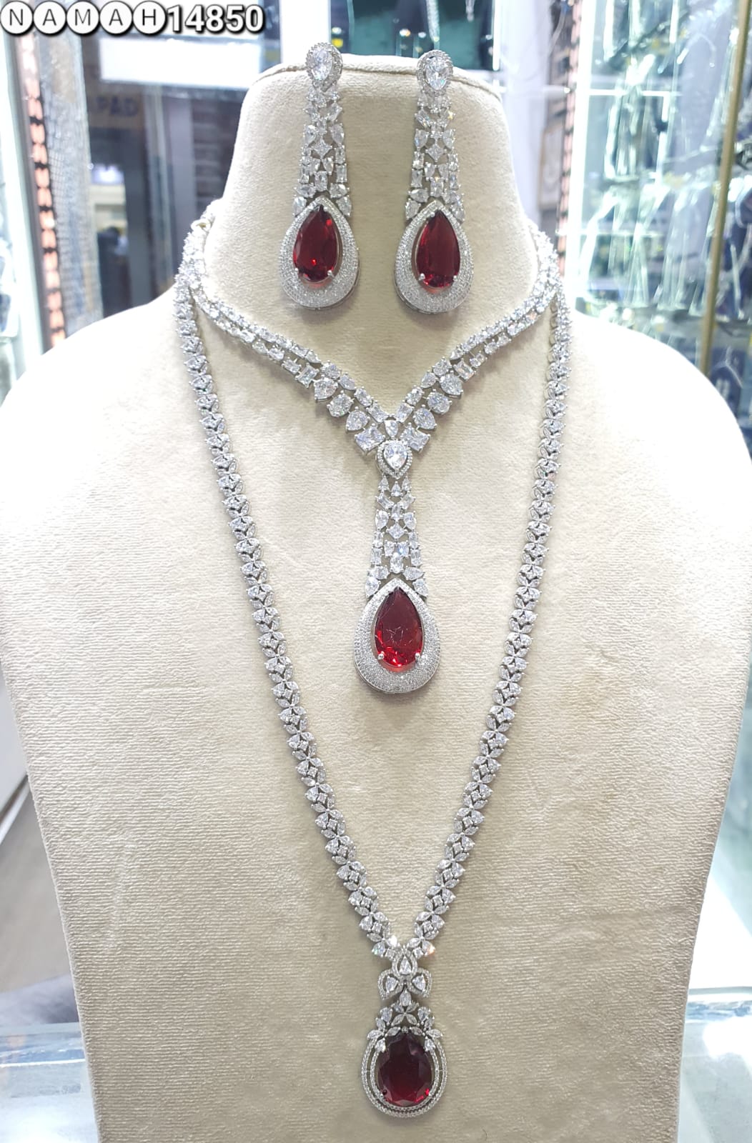 Red American Diamond Necklace Set 