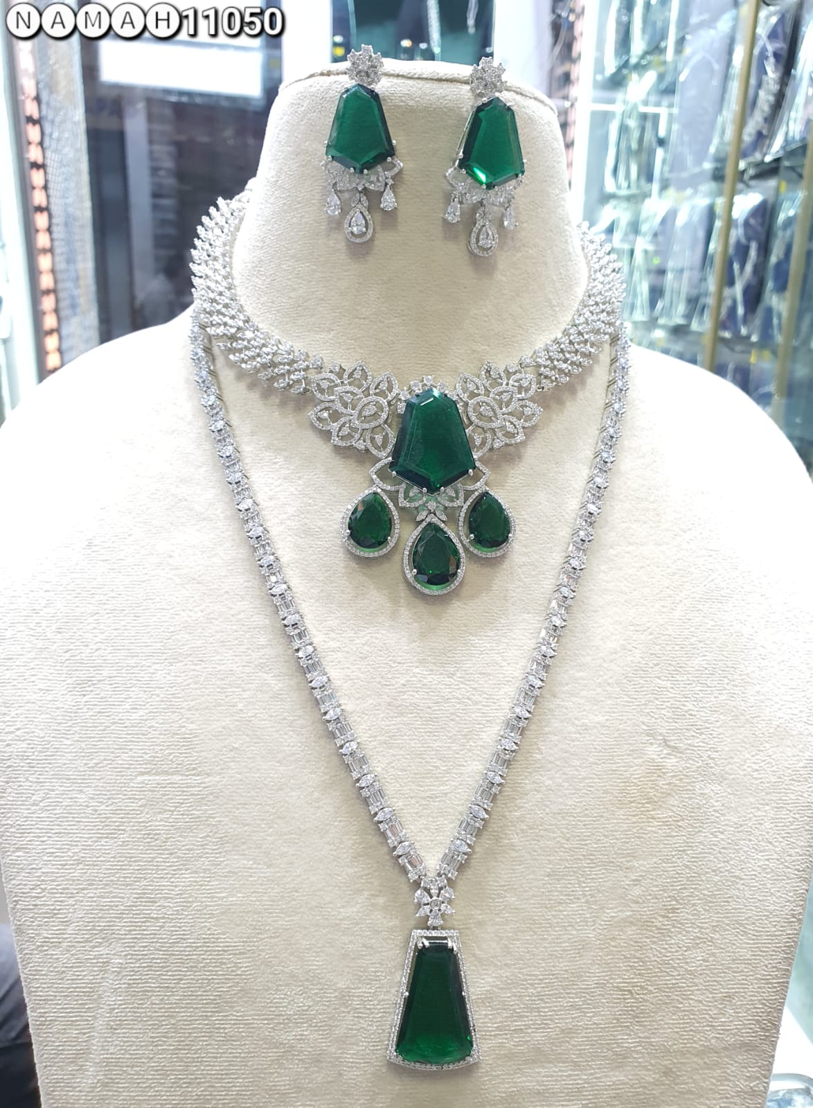 Green American Diamond Necklace Set 