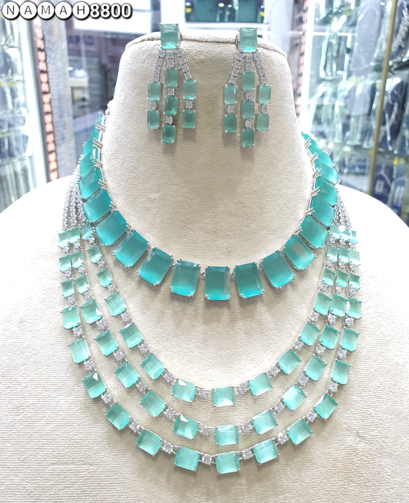 Mind Green American Diamond Necklace Set 