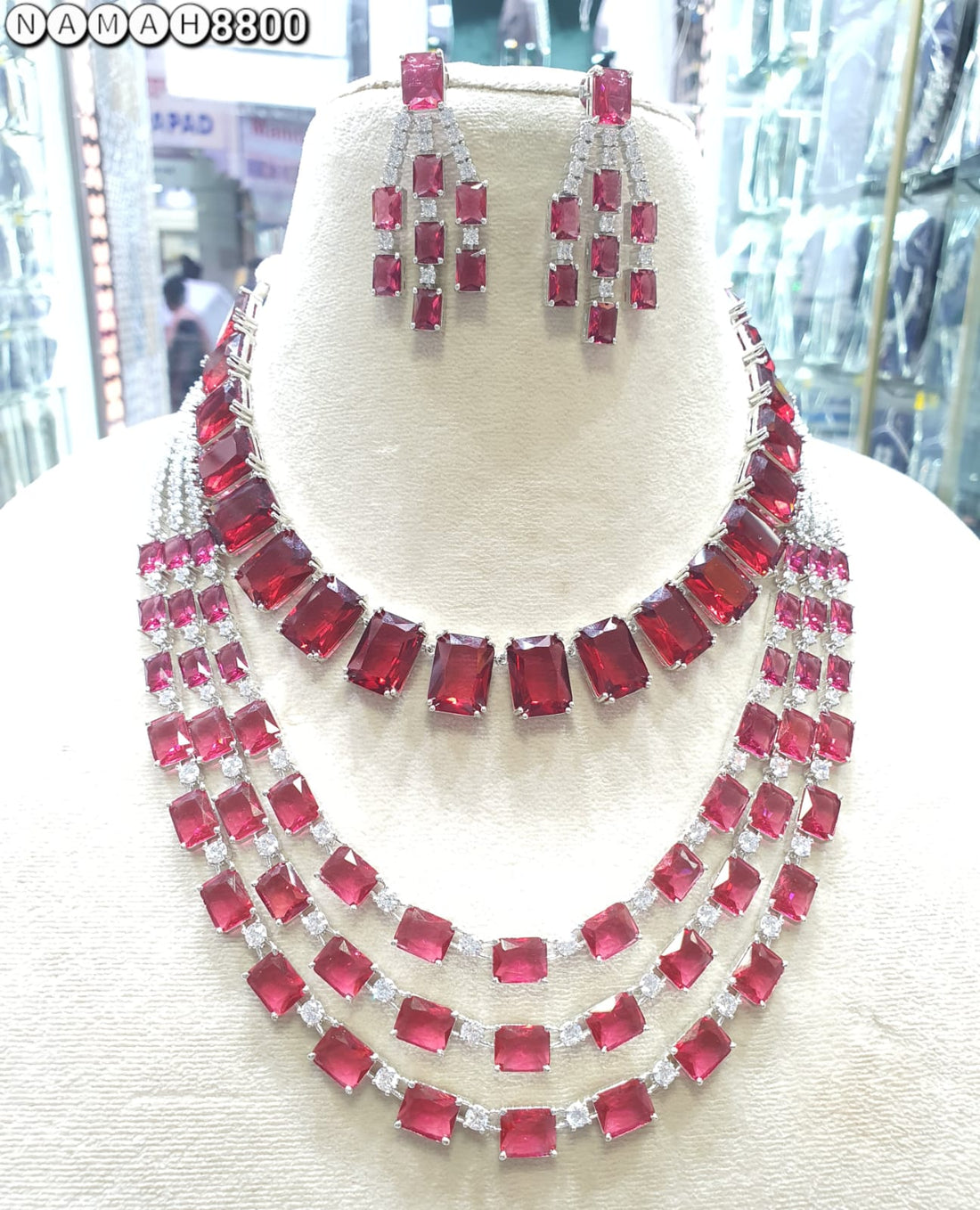 Red American Diamond Necklace Set 