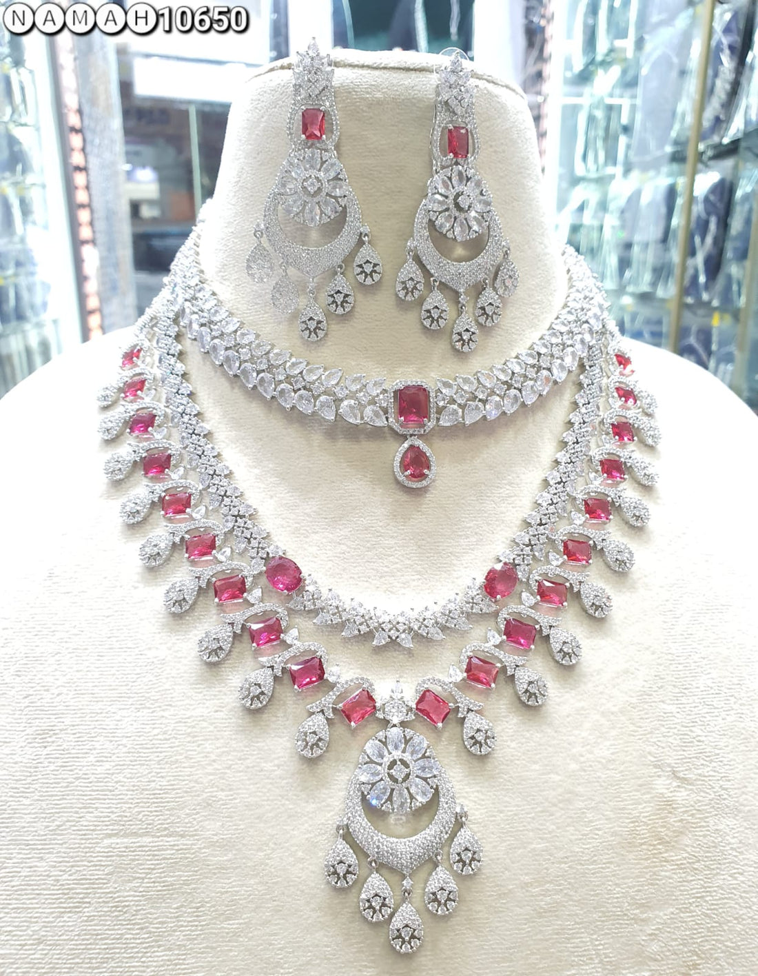 Red American Diamond Necklace Set 