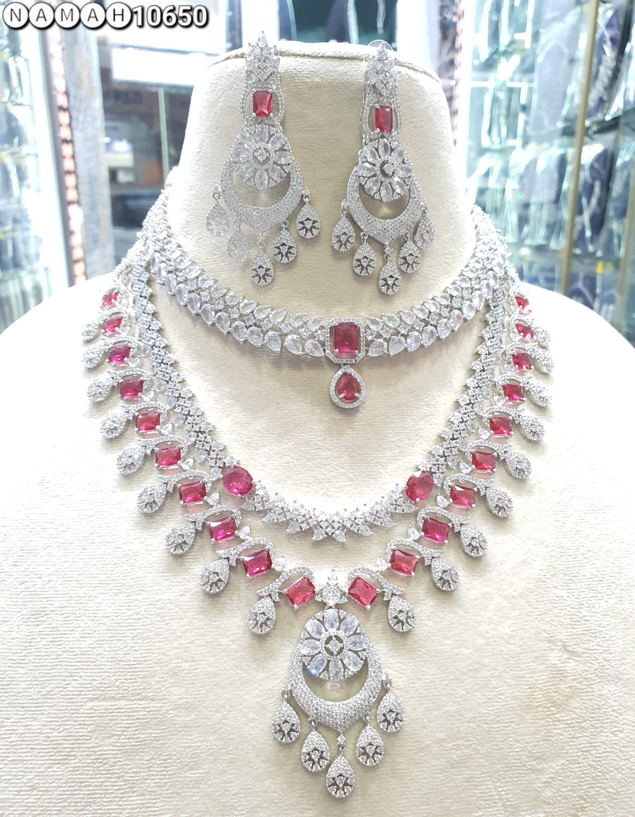 Red American Diamond Necklace Set 