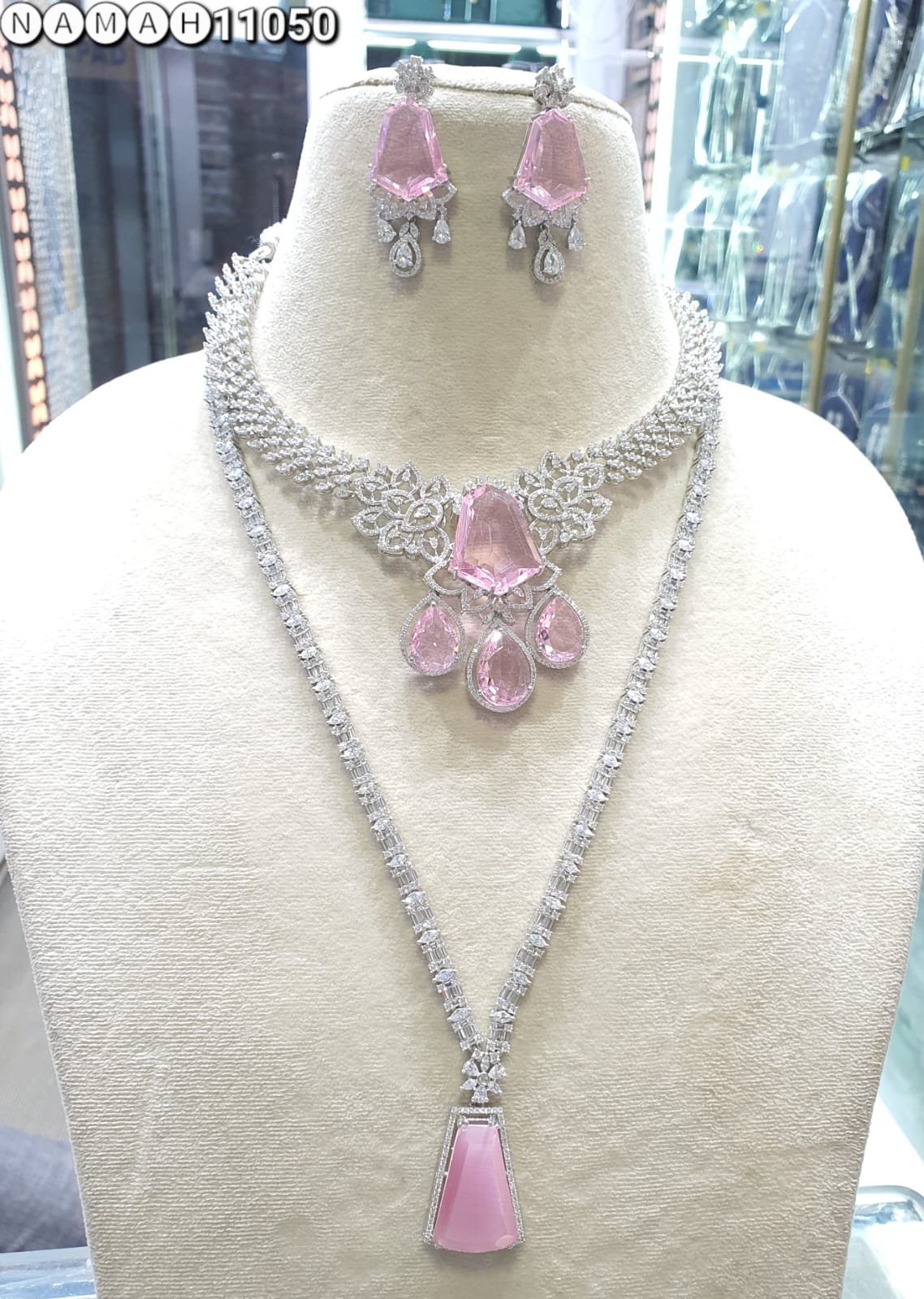 Pink American Diamond Necklace Set 