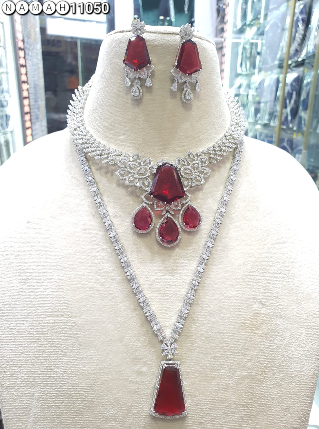 Red American Diamond Necklace Set 