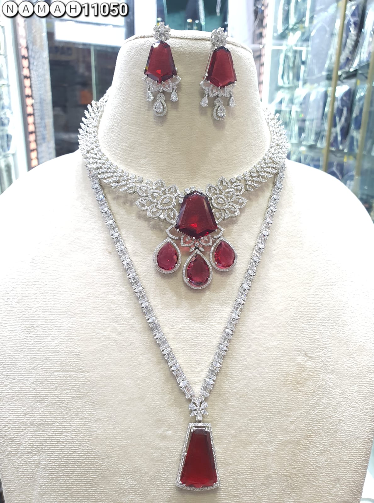 Red American Diamond Necklace Set 