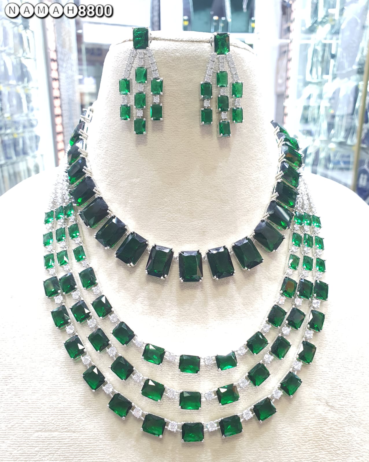 Green American Diamond Necklace Set 