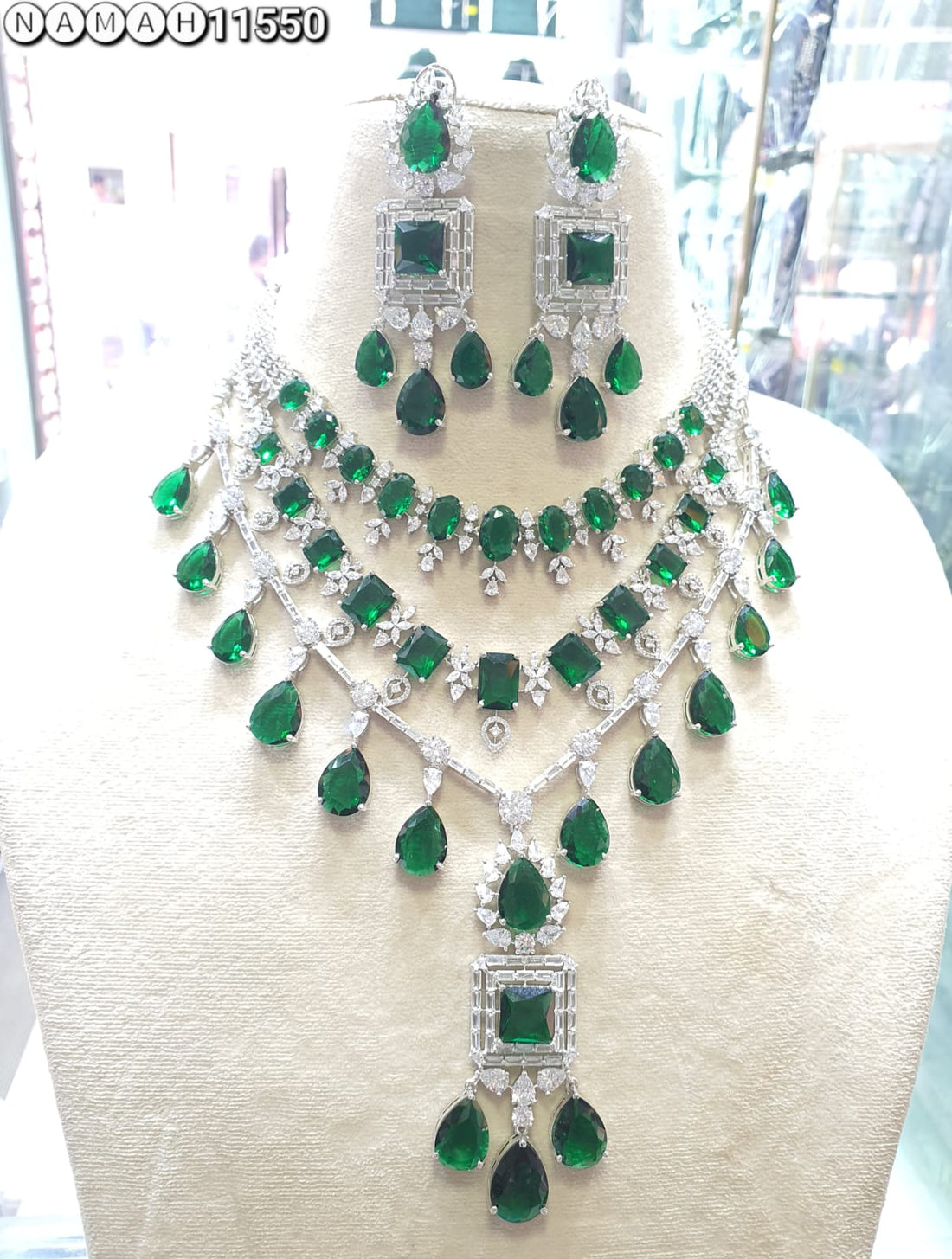 Green American Diamond Necklace Set 