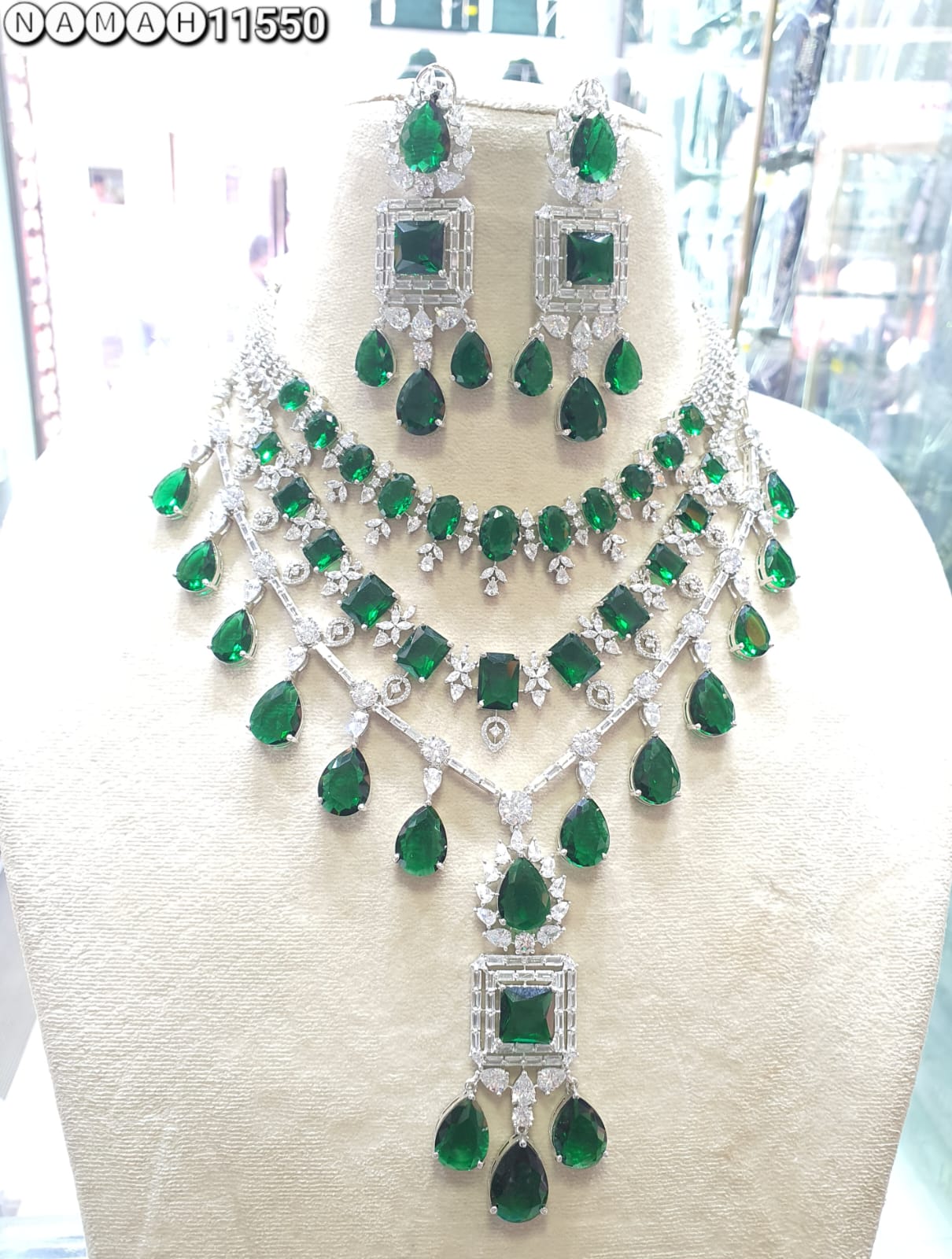 Green American Diamond Necklace Set 