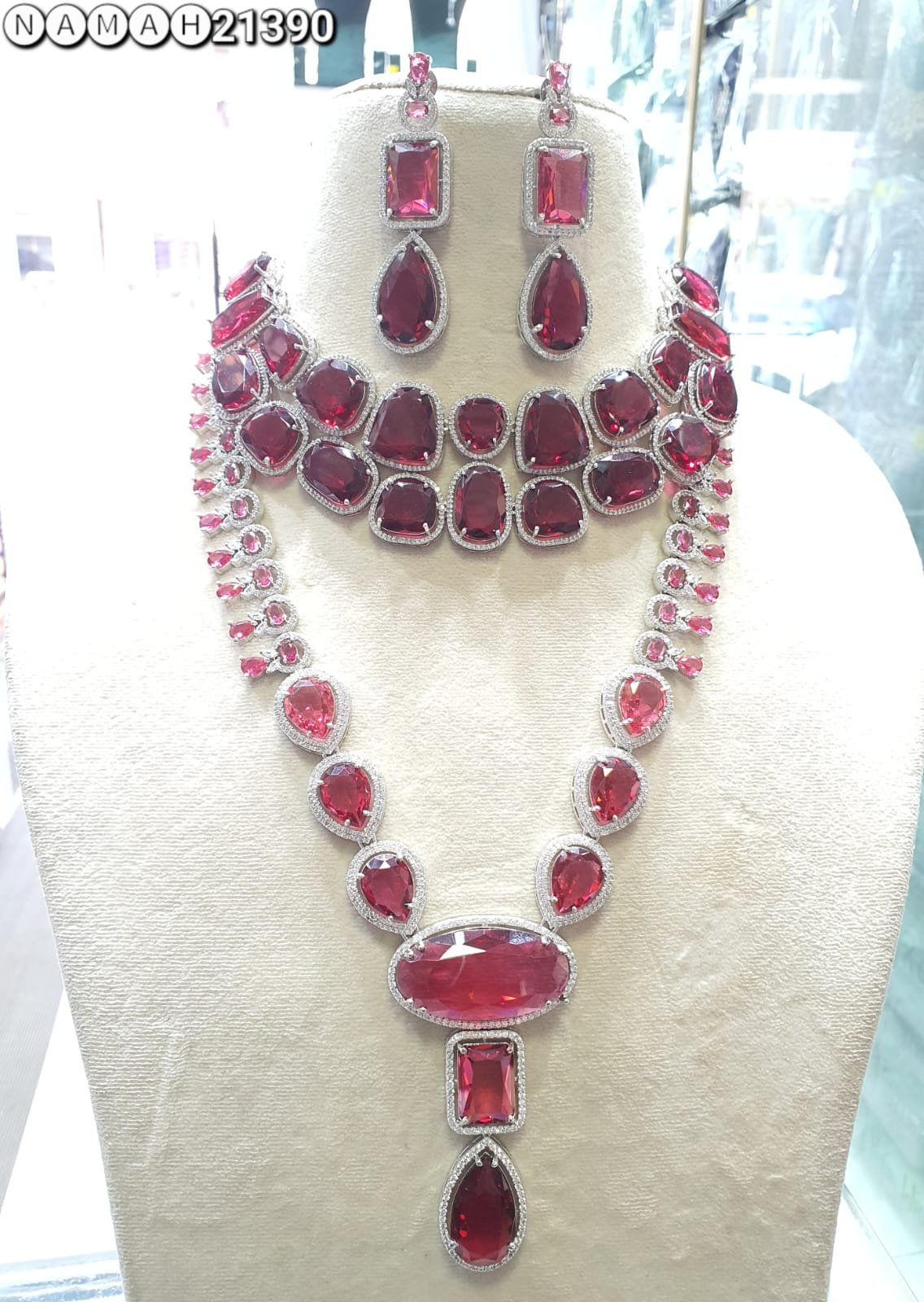 Red American Diamond Necklace Set 