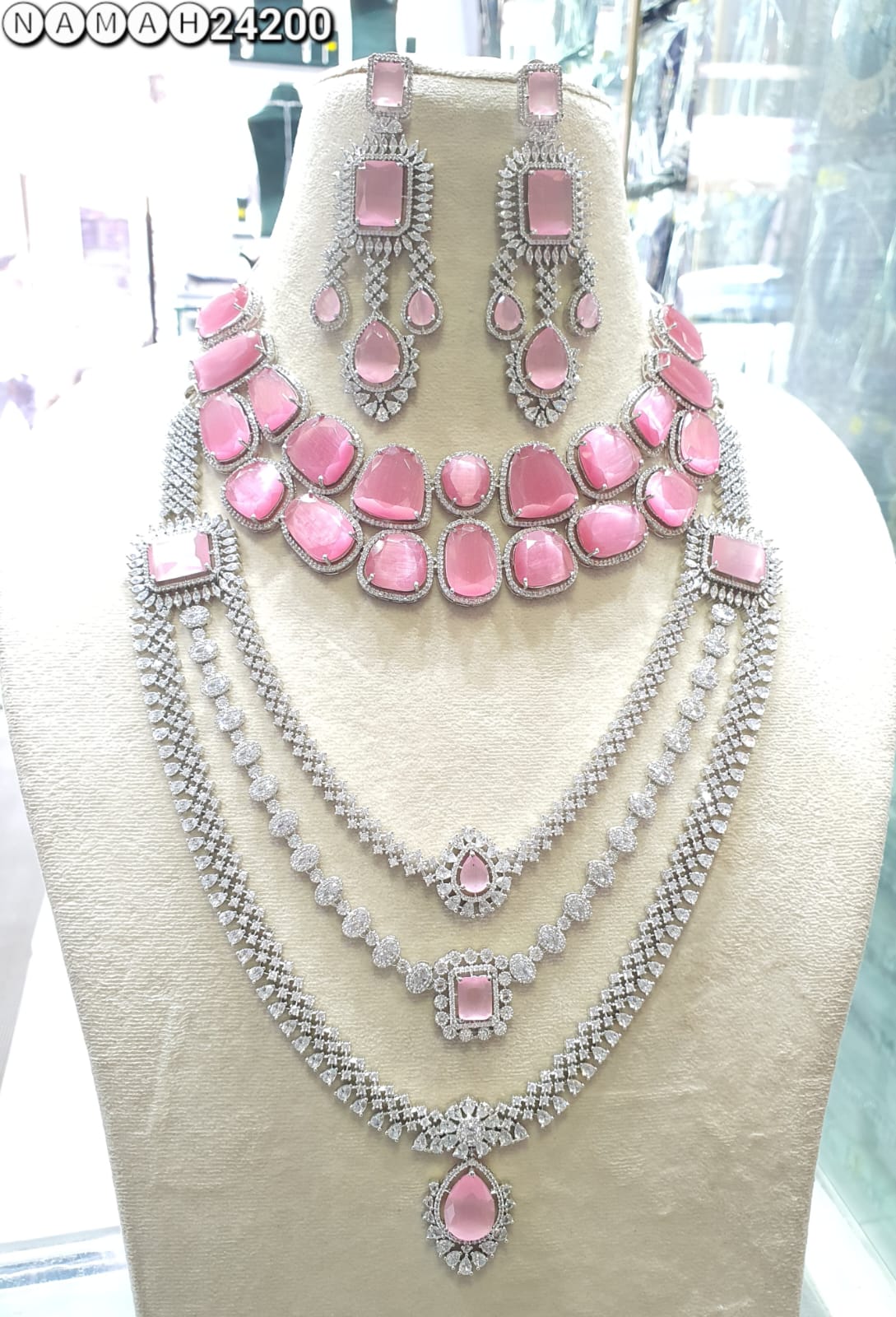 Pink American Diamond Necklace Set 