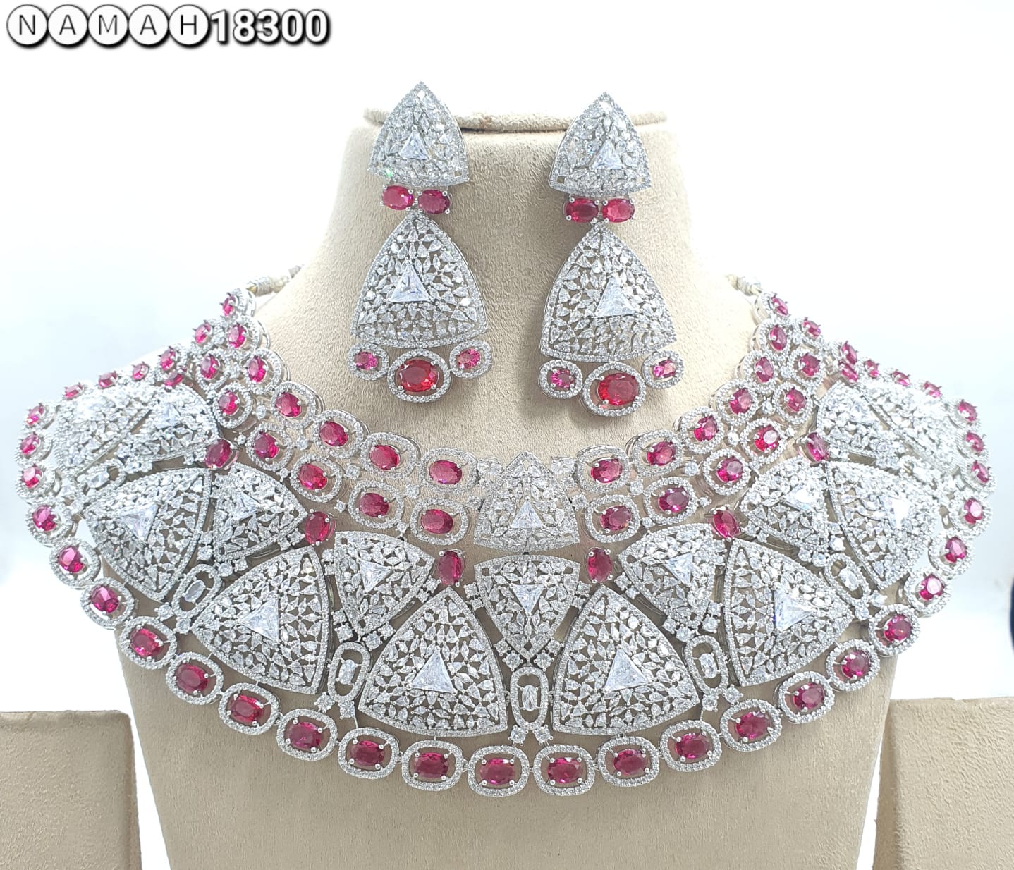 Red American Diamond Necklace Set 