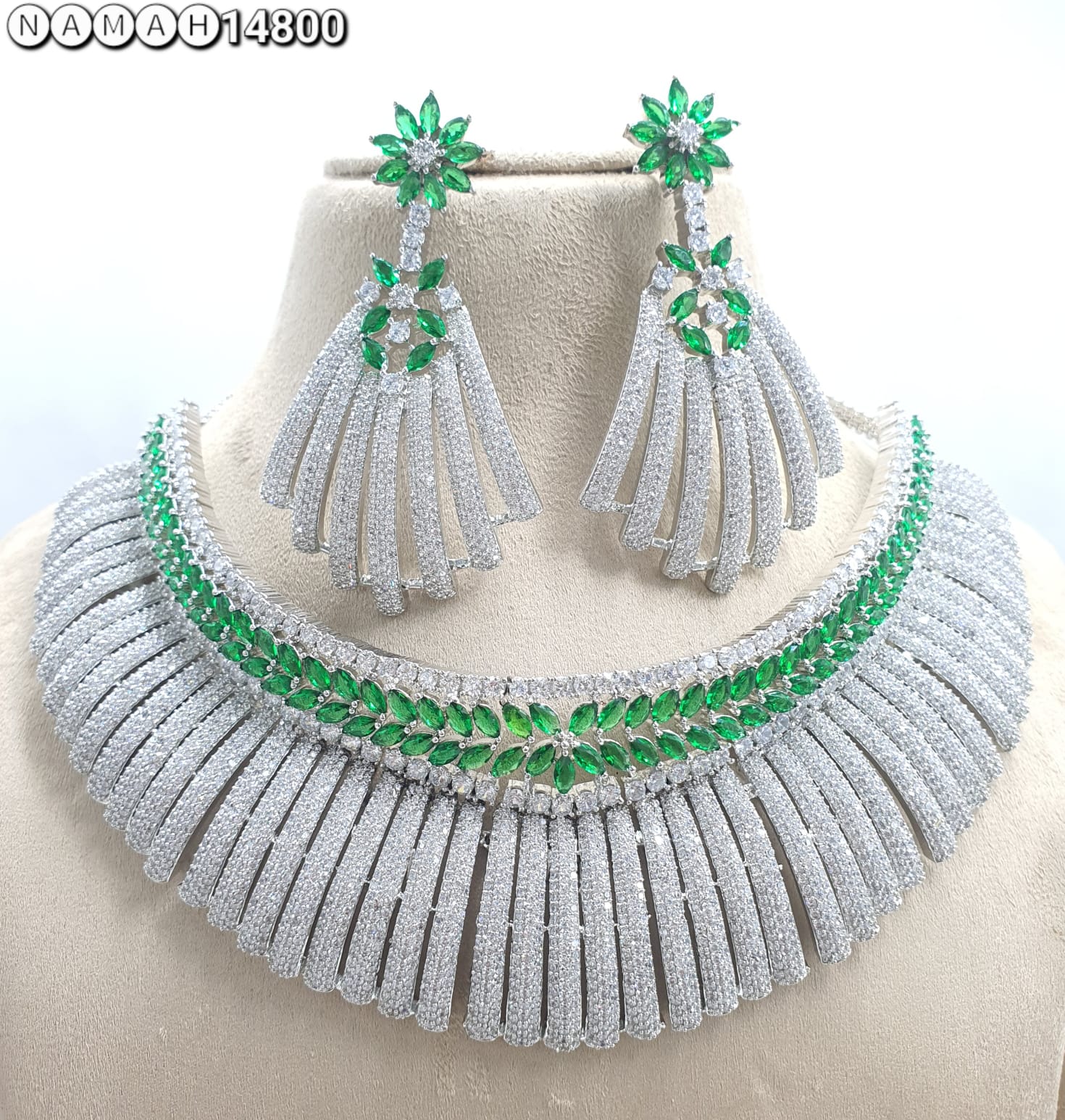 Green American Diamond Necklace Set 