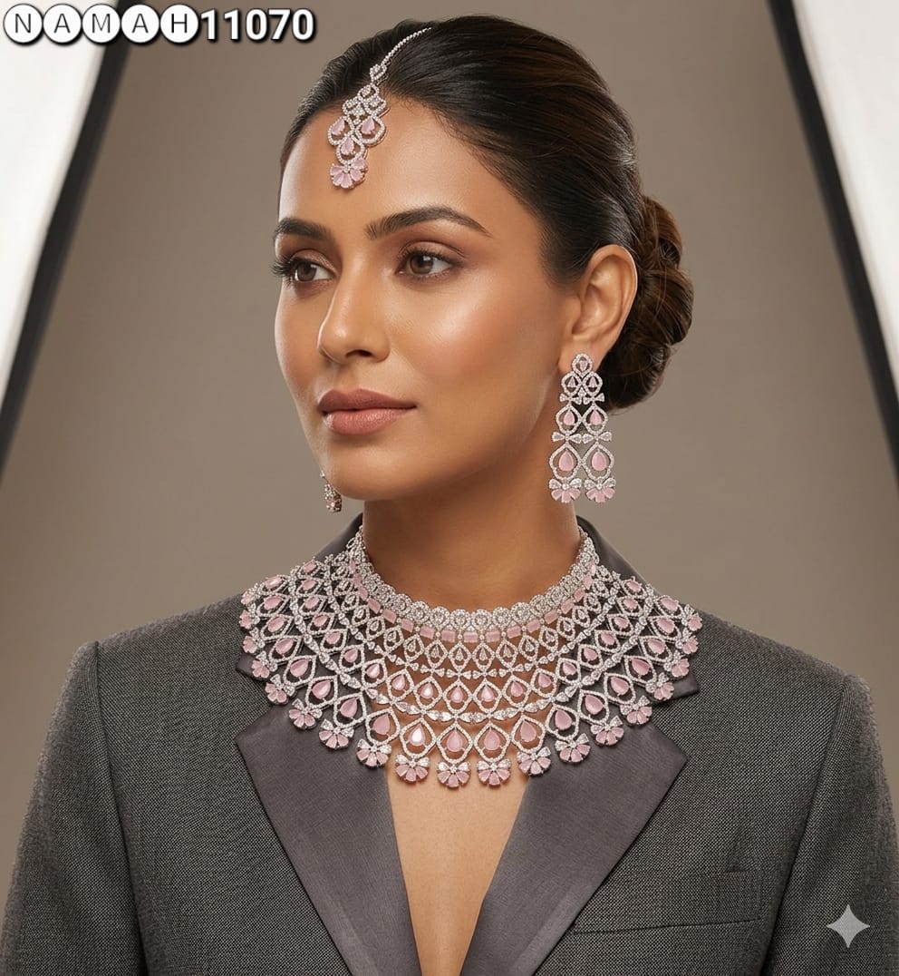 Pink American Diamond Necklace Set 