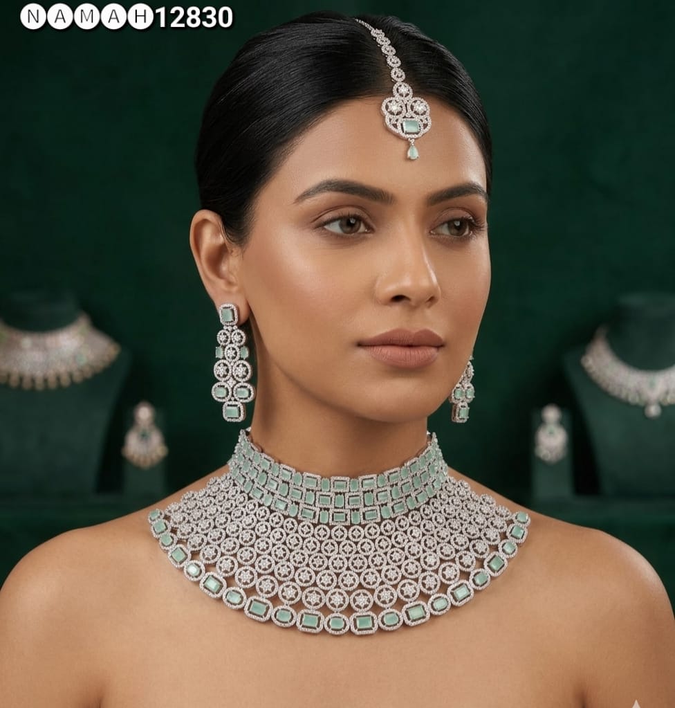 Mind Green American Diamond Necklace Set 