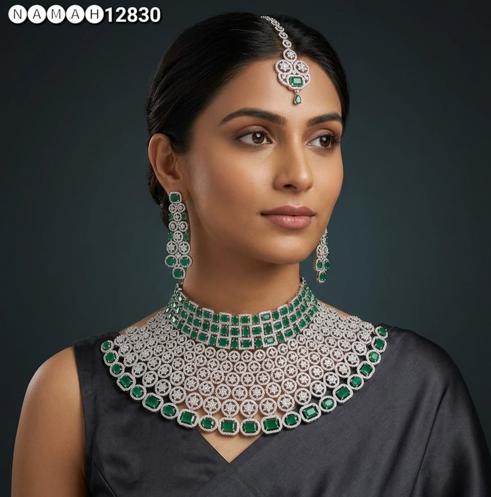 Green American Diamond Necklace Set 