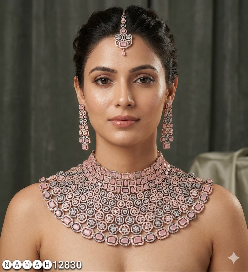 Baby Pink American Diamond Necklace Set 