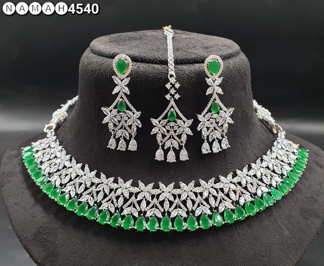 Green American Diamond Necklace Set 
