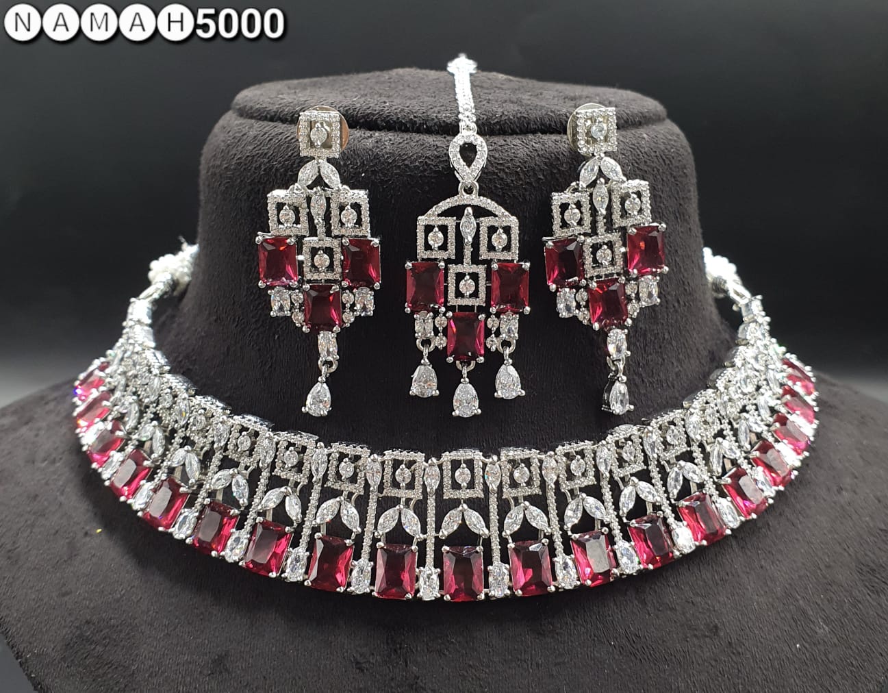 Red American Diamond Necklace Set 