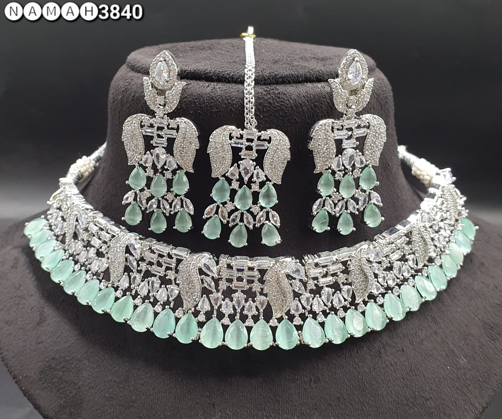 Mind Green American Diamond Necklace Set 