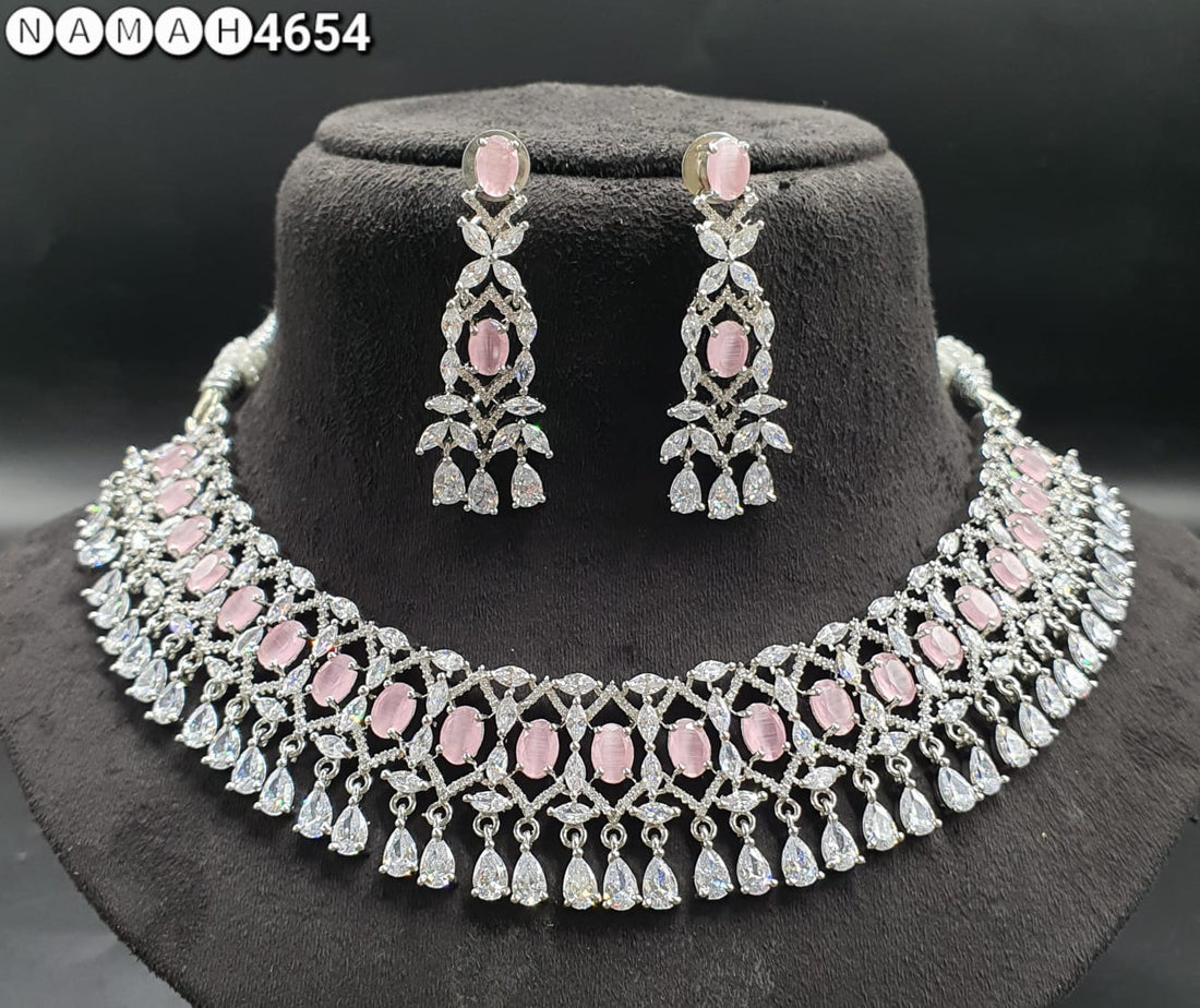 Pink American Diamond Necklace Set 