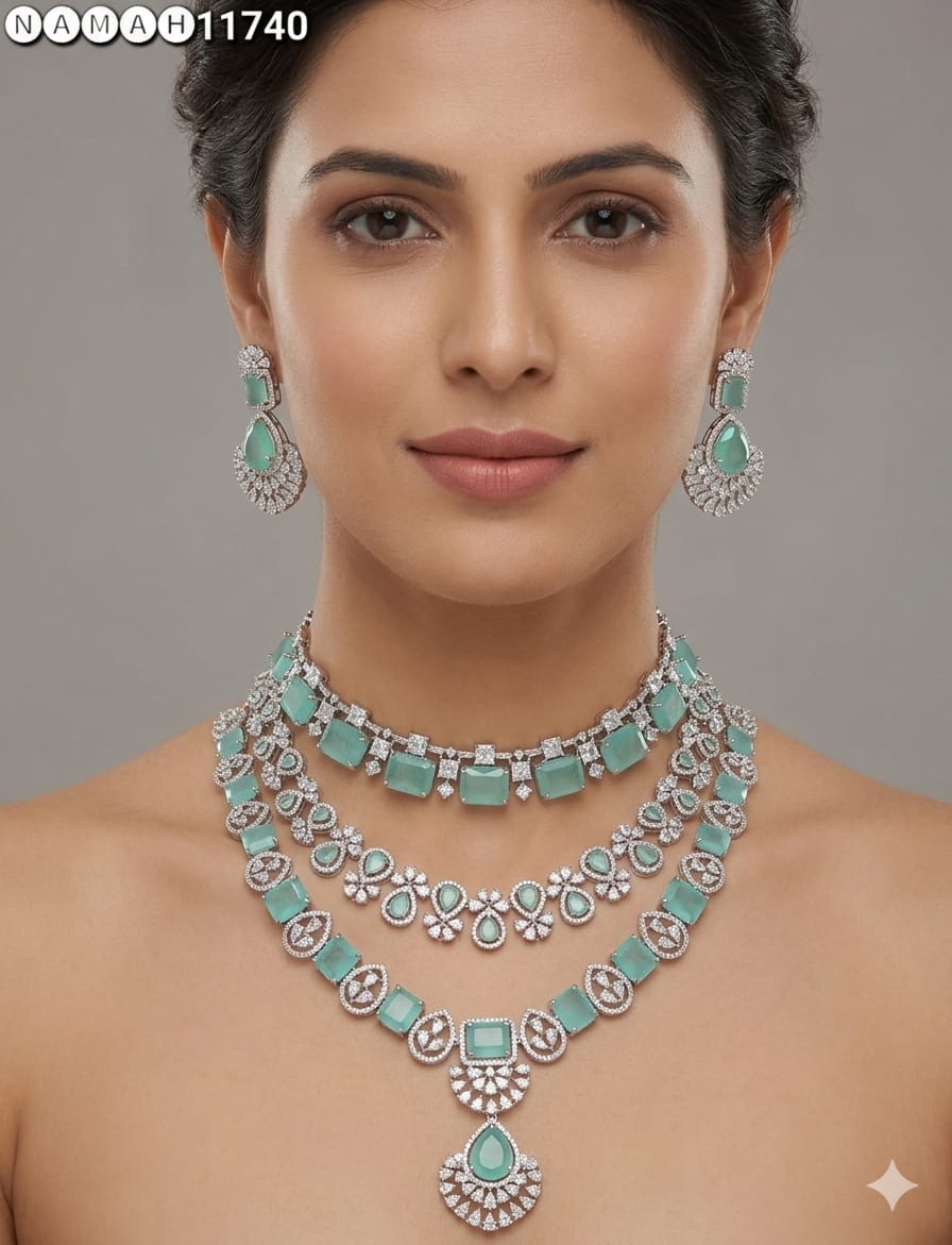 Green American Diamond Necklace Set 