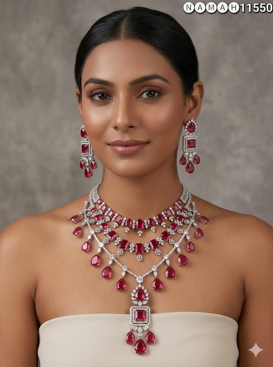 Red American Diamond Necklace Set 