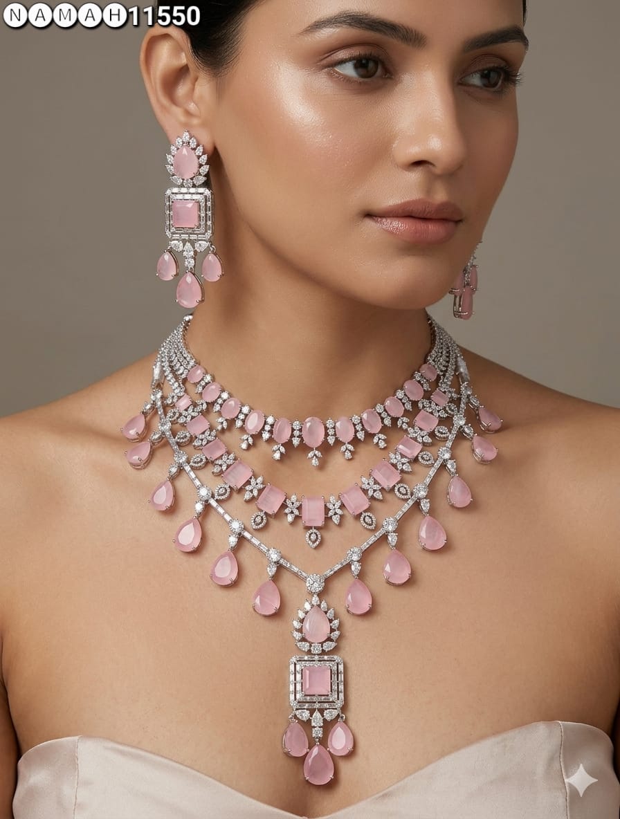 Baby Pink American Diamond Necklace Set 