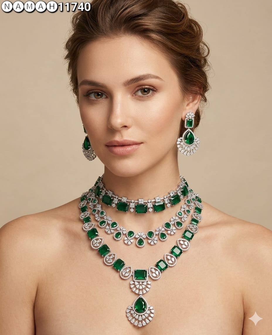 Green American Diamond Necklace Set 