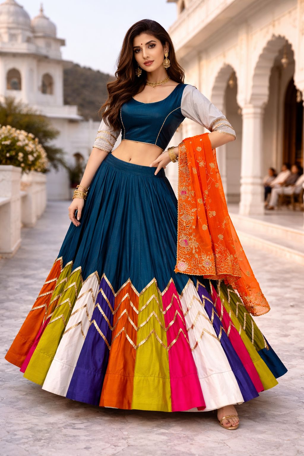 Teal Blue Orange Multicolor Chaniya Choli with Heavy Border Dupatta