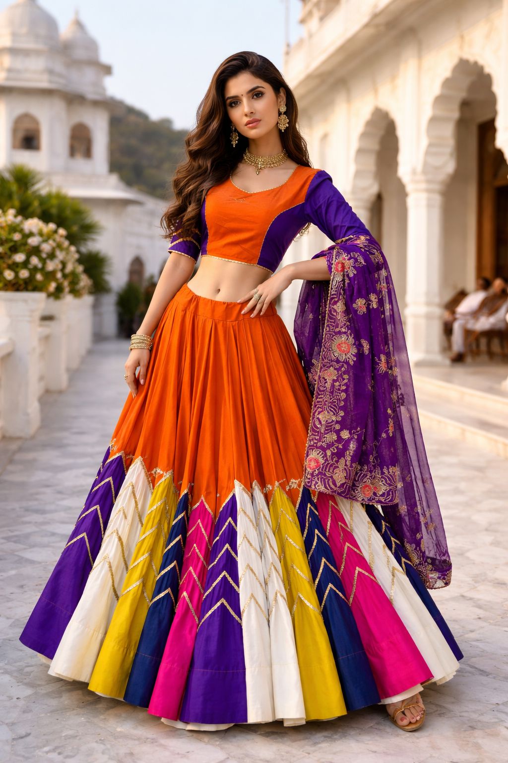 Orange Purple Multicolor Chaniya Choli with Heavy Border Dupatta