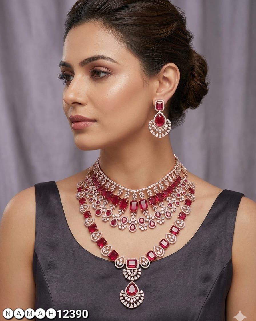 Red American Diamond Necklace Set 
