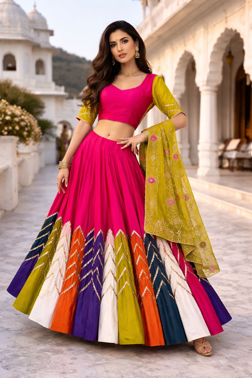 Pink Yellow Multicolor Chaniya Choli with Heavy Dupatta