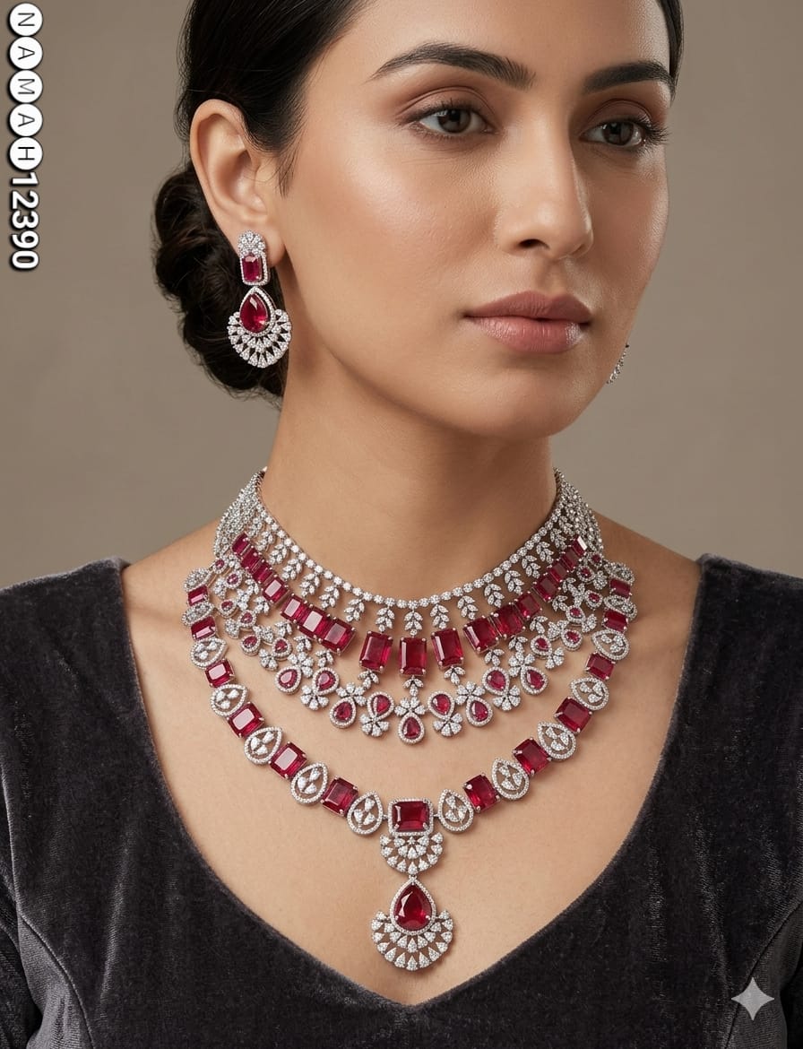 Red American Diamond Necklace Set 