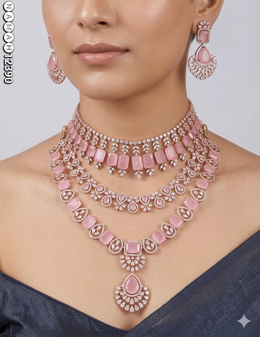 Pink American Diamond Necklace Set 