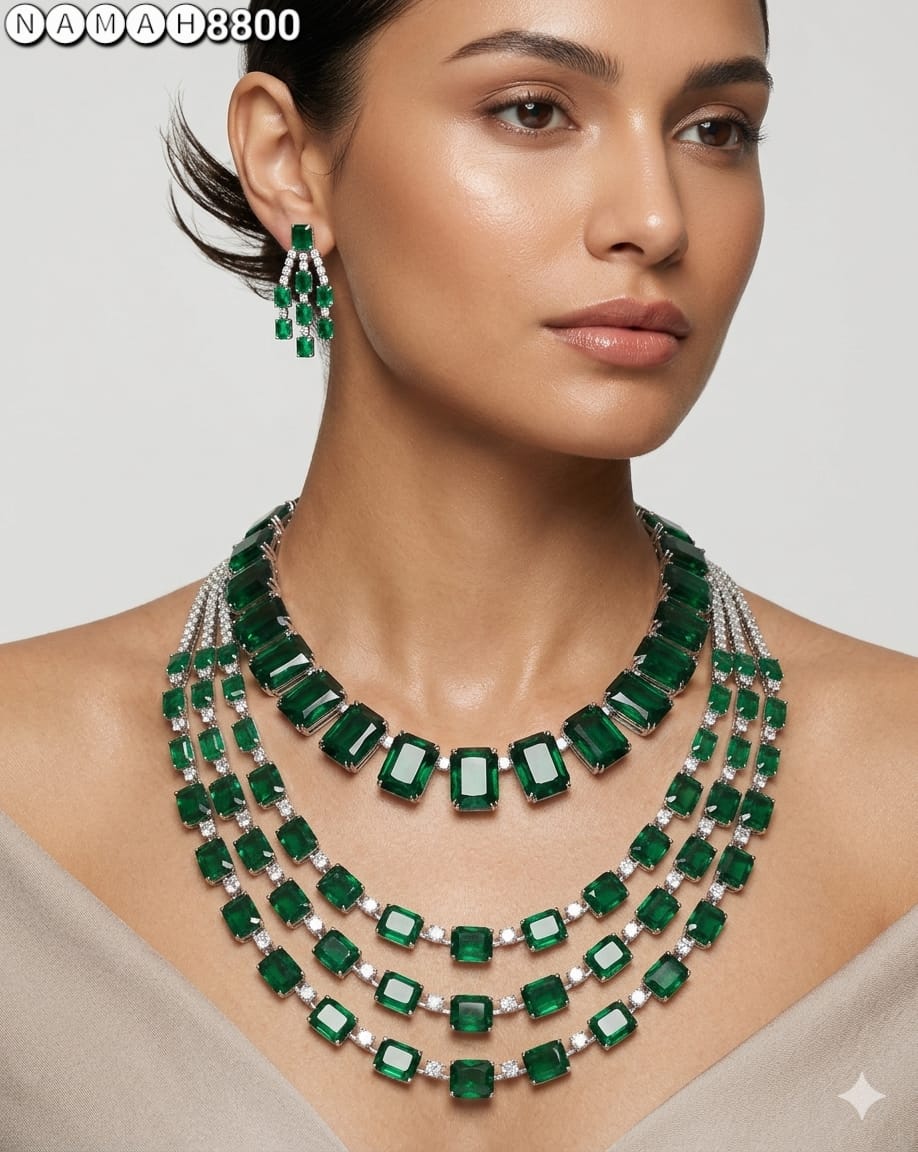 Green American Diamond Necklace Set 