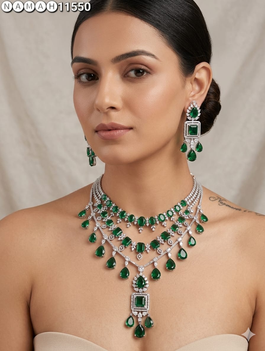 Green American Diamond Necklace Set 