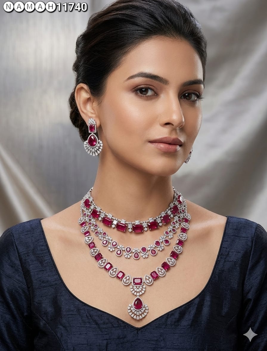 Red American Diamond Necklace Set 