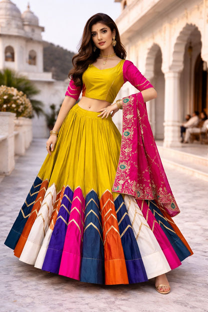 Yellow Pink Multicolor Chaniya Choli with Heavy Coin Border