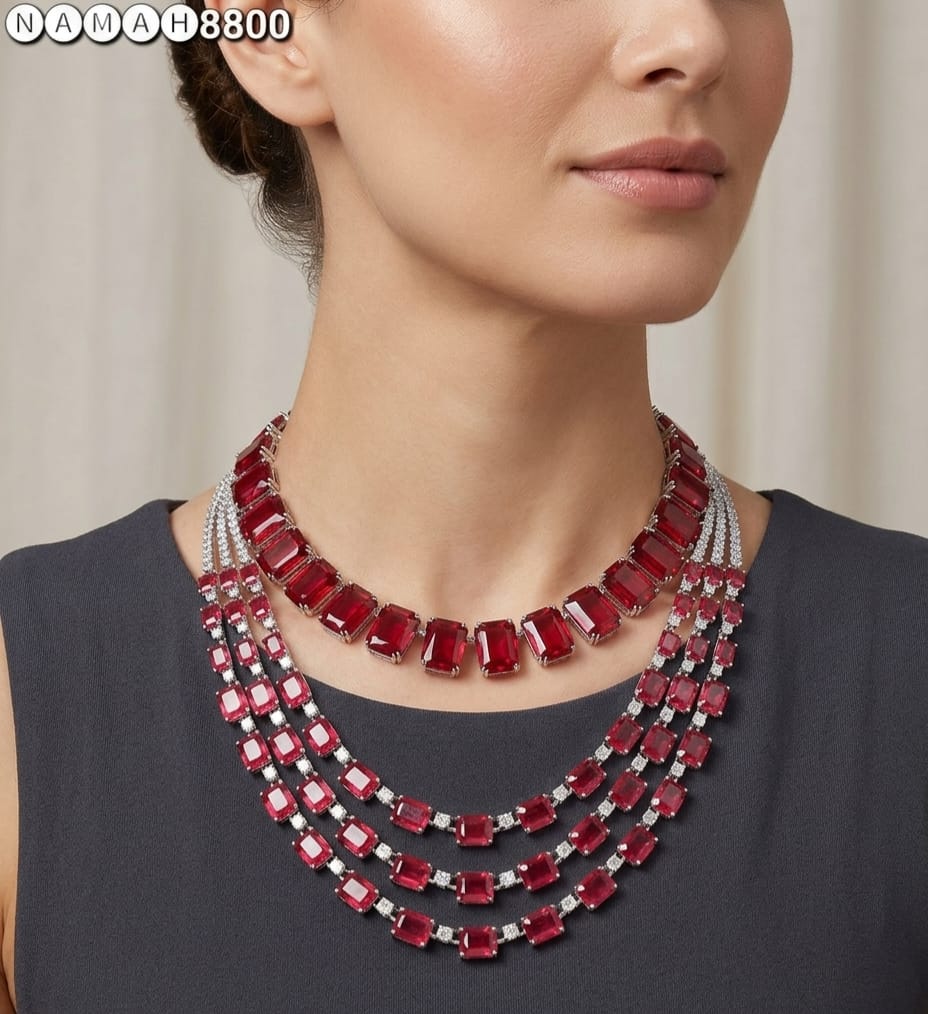 Red American Diamond Necklace Set 