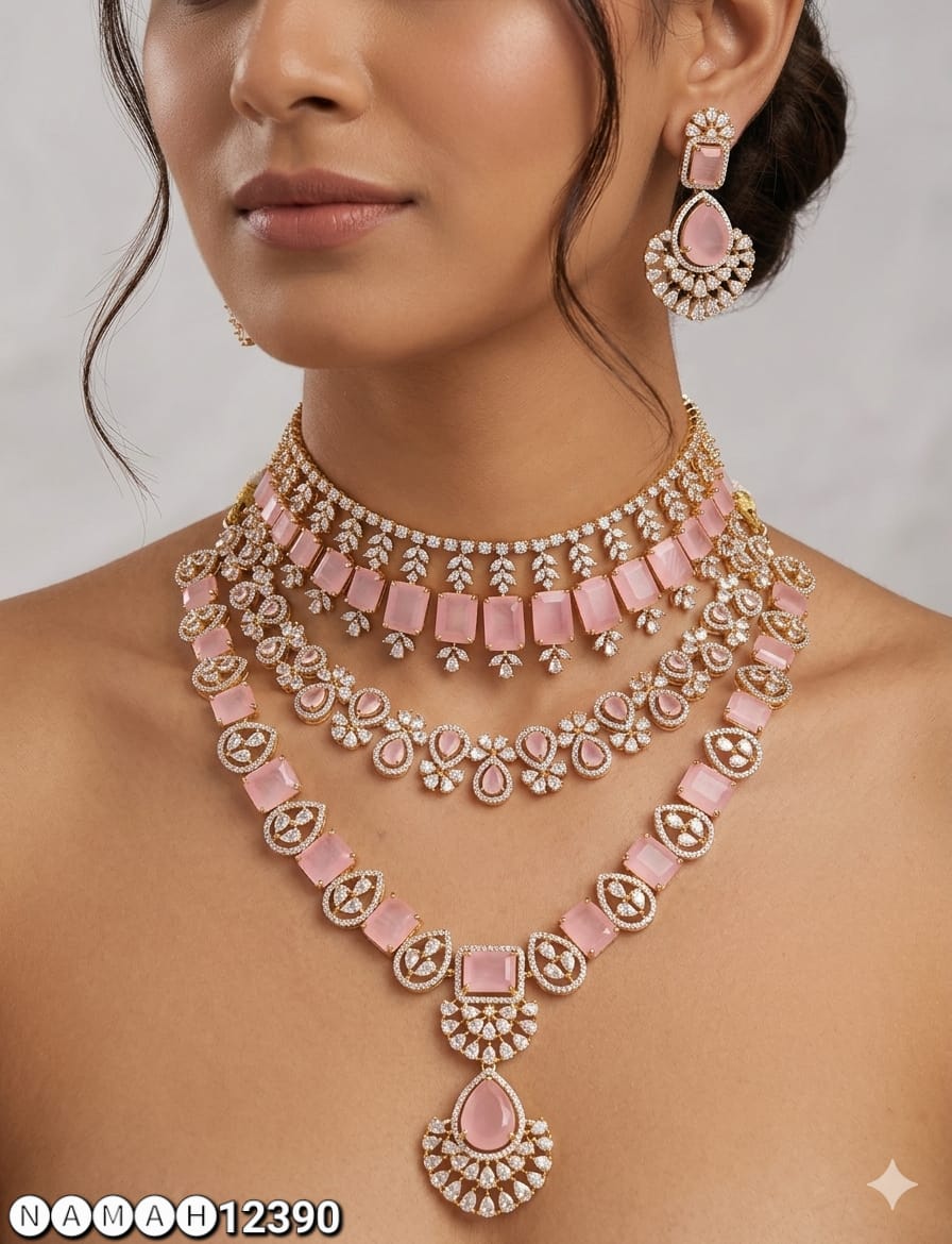 Baby Pink American Diamond Necklace Set 