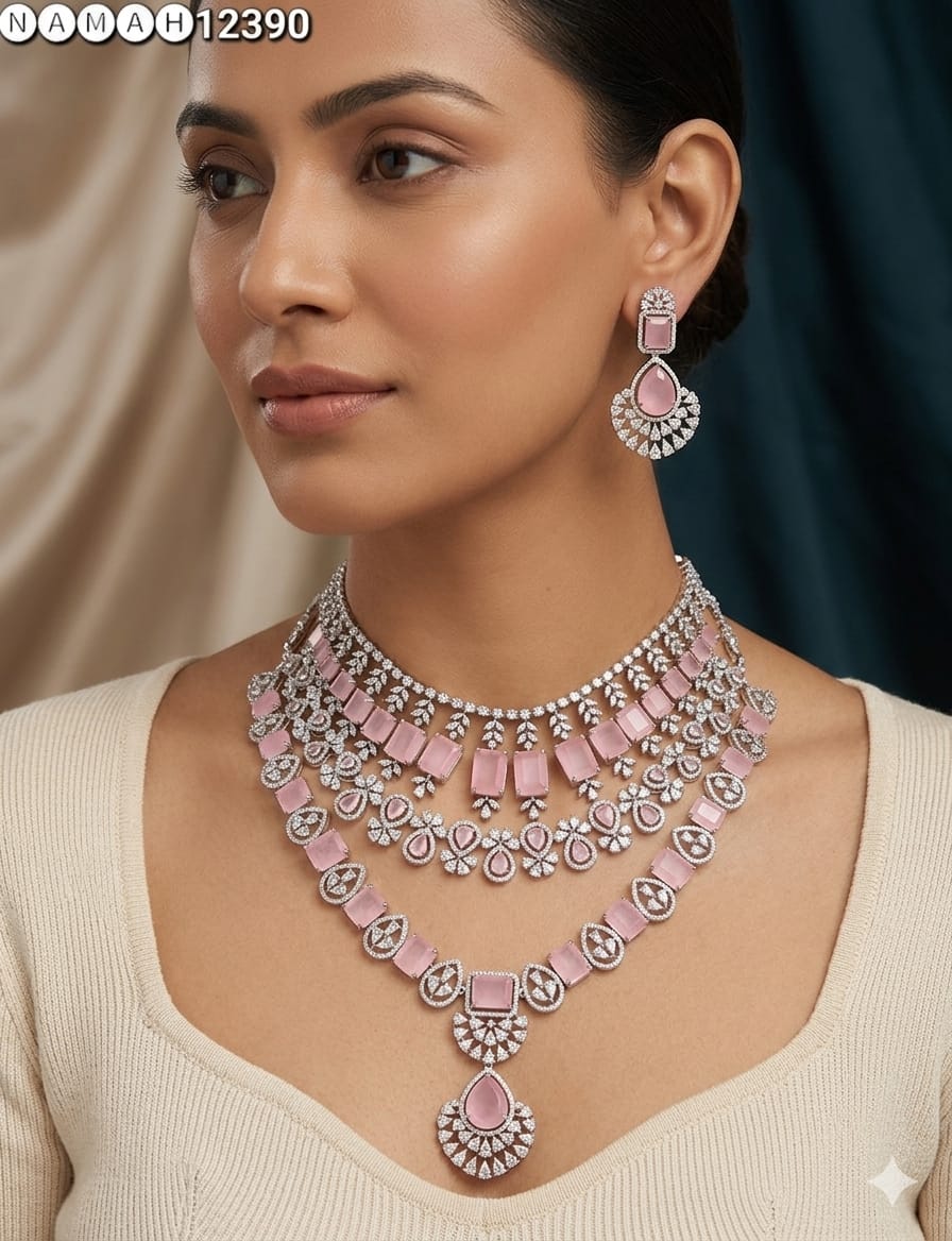 Pink American Diamond Necklace Set 