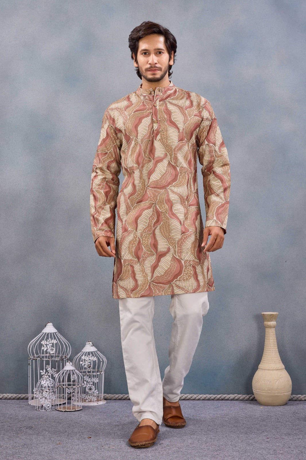 Brown Pure Cosmos Silk With Cotton Lining Work Kurta Pajama 