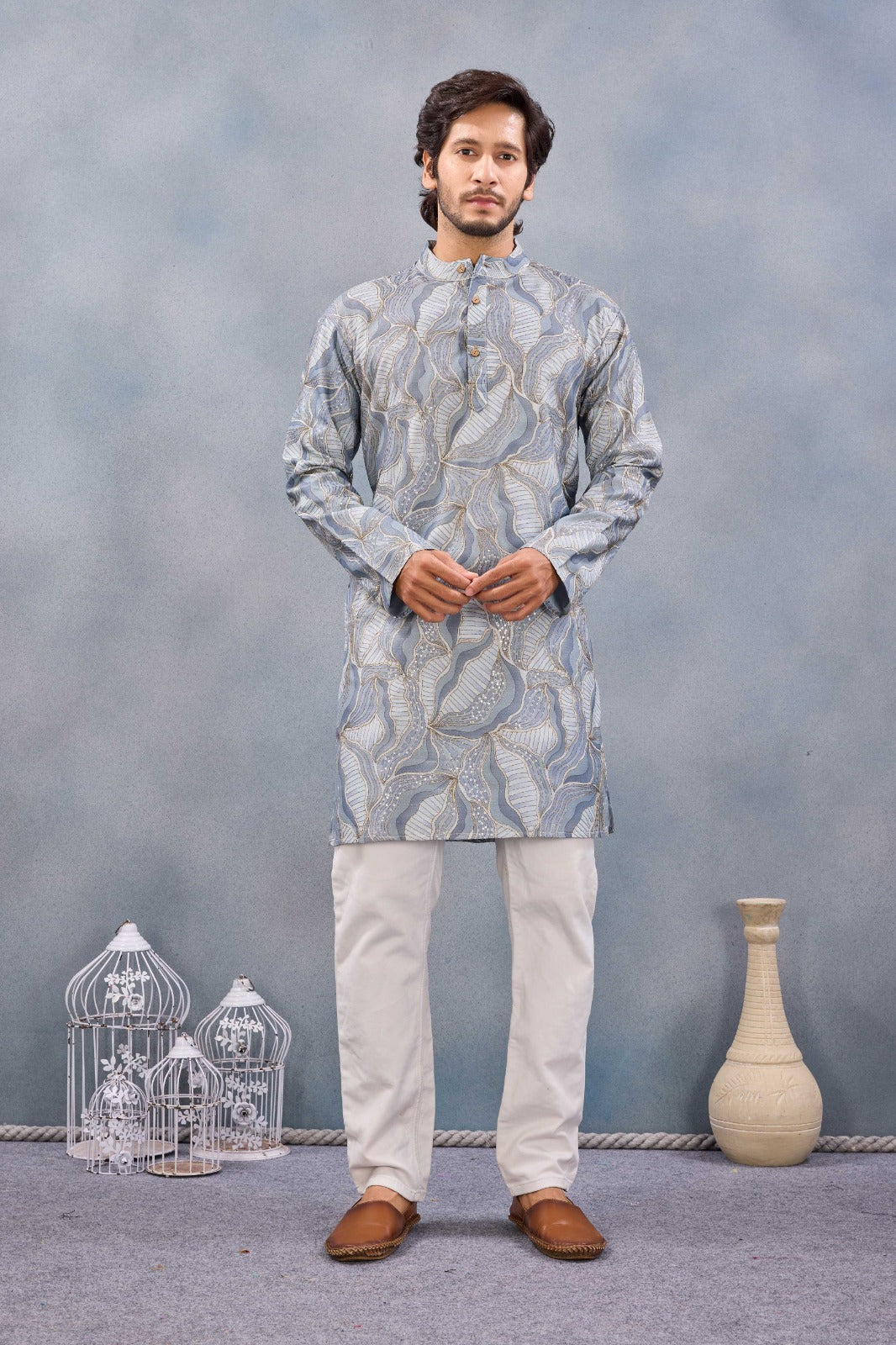 Grey Pure Cosmos Silk With Cotton Lining Work Kurta Pajama 