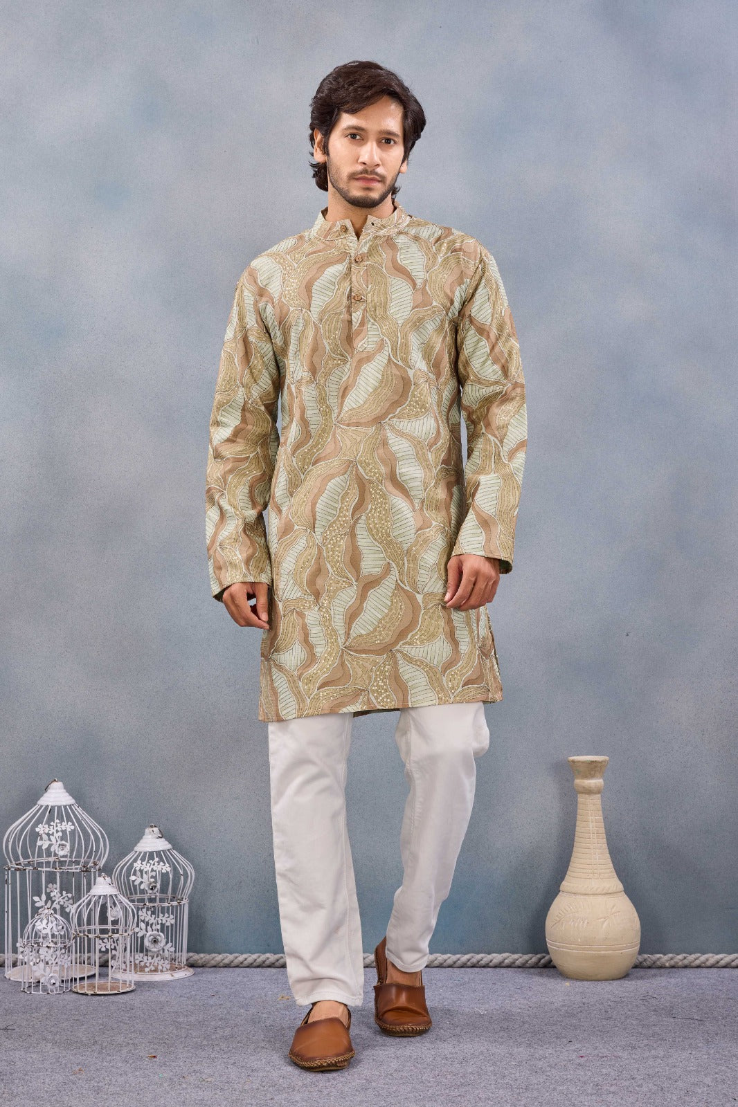 Mustard Pure Cosmos Silk With Cotton Lining Work Kurta Pajama 