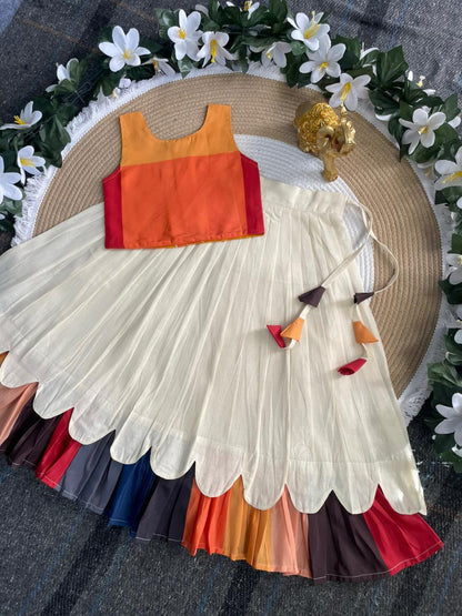 Cream Pure Cotton Silk Heavy Printed Kids Lehenga Choli 